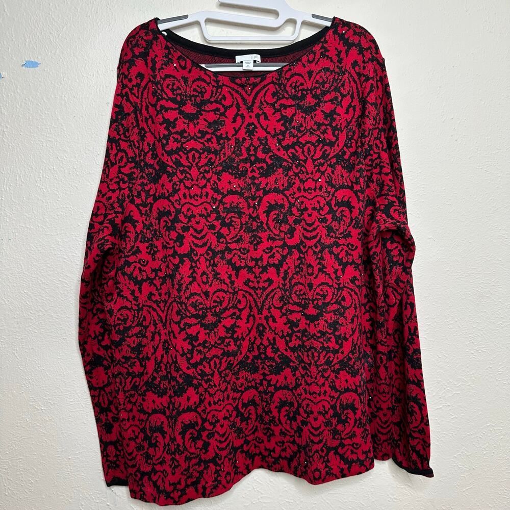 J Jill Womans XL Tall Damask Red/Black Long Sleeve Rhinestone Sparkle Knit Tunic
